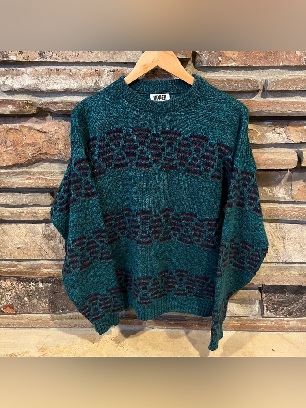 Vintage Upper Body Teal Patterned Crewneck Sweater